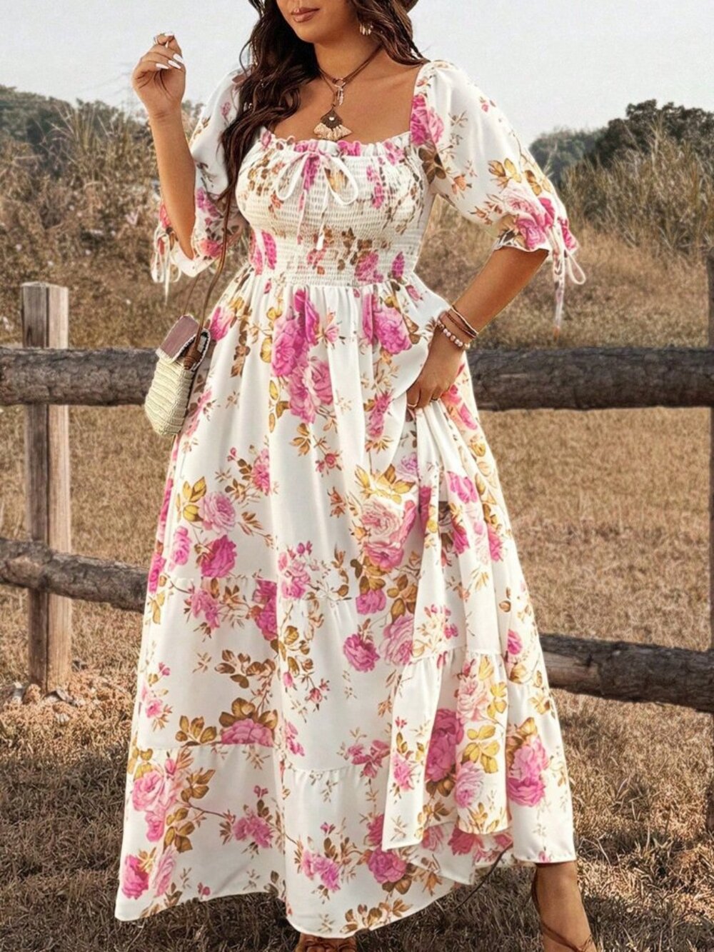 Multicolor Boho Women's Plus Size Floral short sleeve maxi Dress - Picture 7 of 7